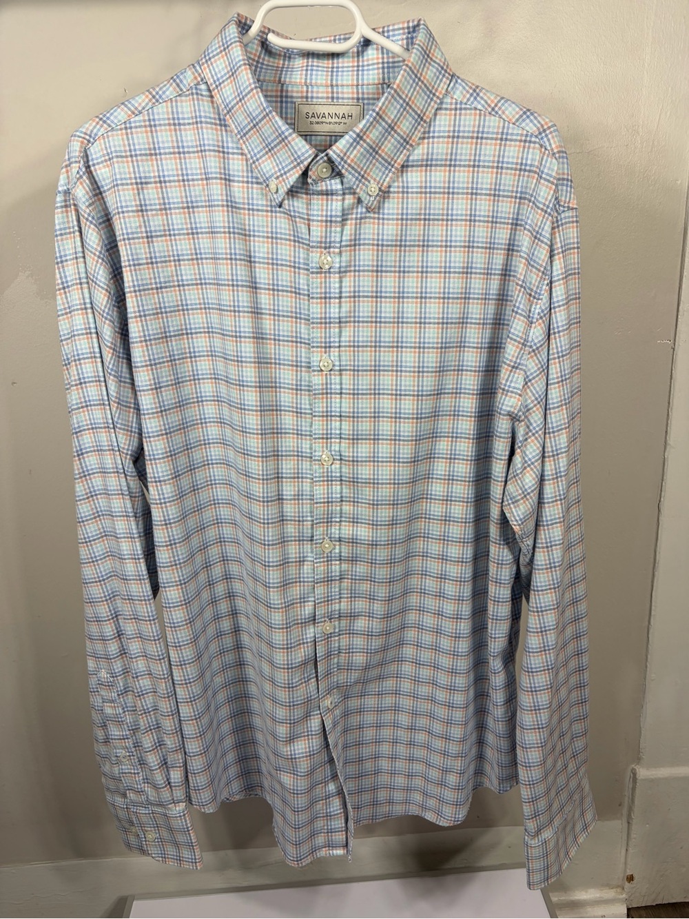 Savannah Blue Orange Plaid Button Down Shirt Men’s Long Sleeve Preppy